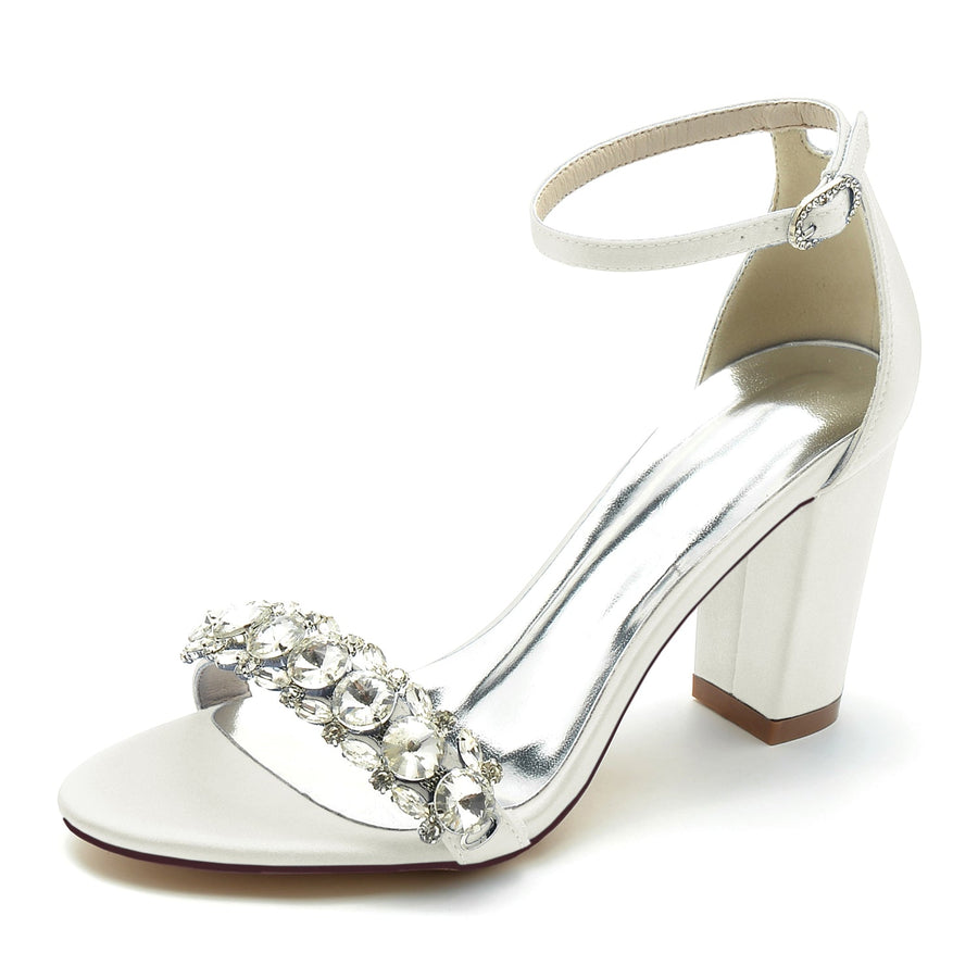 Damen Seidensatin mit Strass Knöchelriemen Peep Toe Blockabsatz Partyschuhe