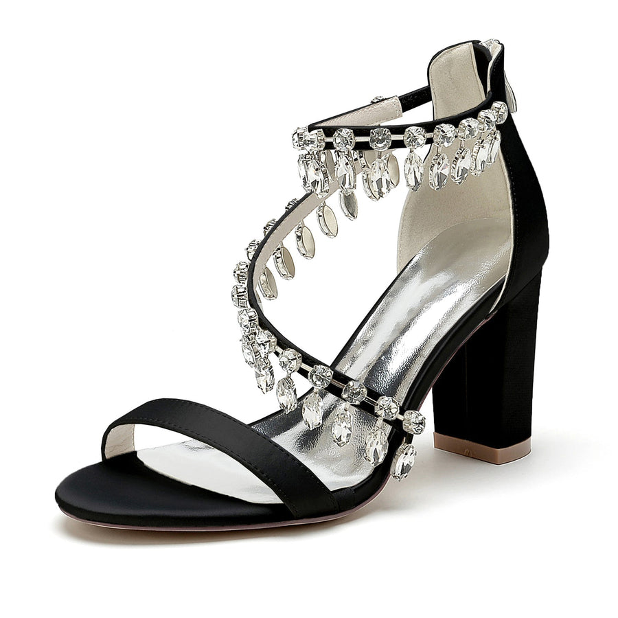 Damen Seidensatin mit Knöchelriemen Strass Quaste Peep Toe Blockabsatz Abendschuhe