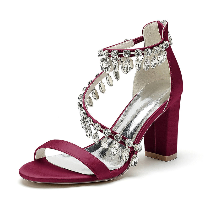 Damen Seidensatin mit Knöchelriemen Strass Quaste Peep Toe Blockabsatz Abendschuhe