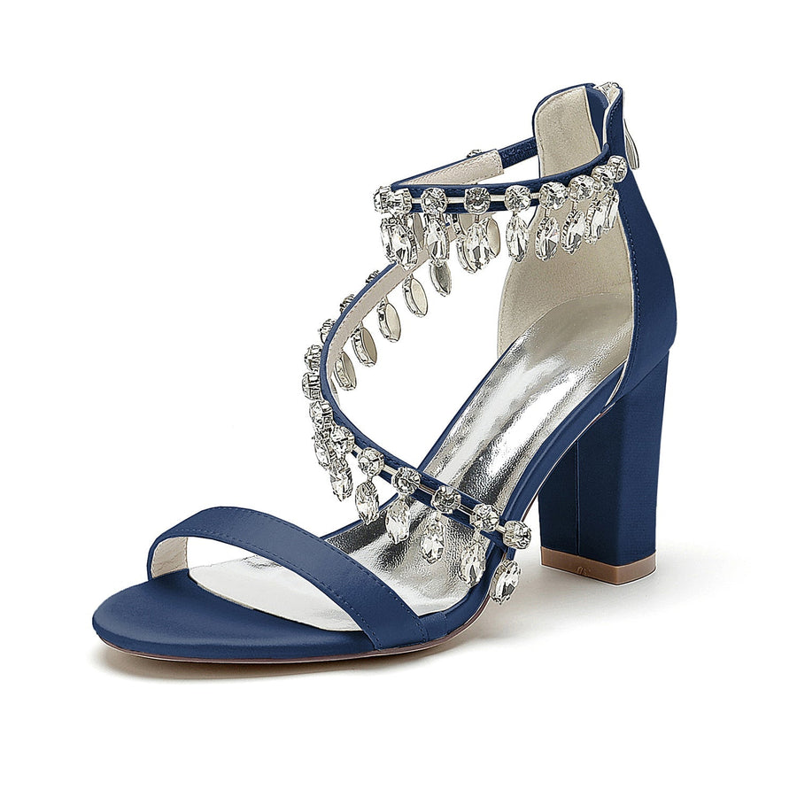 Damen Seidensatin mit Knöchelriemen Strass Quaste Peep Toe Blockabsatz Abendschuhe