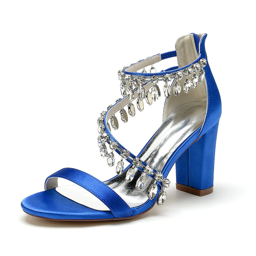 Damen Seidensatin mit Knöchelriemen Strass Quaste Peep Toe Blockabsatz Abendschuhe