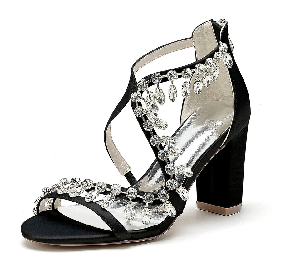 Damen Seidensatin mit Knöchelriemen Strass Quaste Peep Toe Blockabsatz Partyschuhe