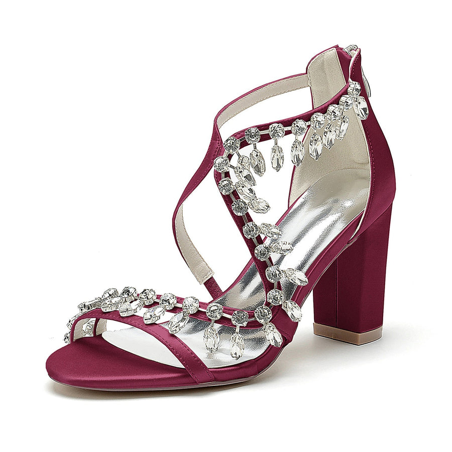 Damen Seidensatin mit Knöchelriemen Strass Quaste Peep Toe Blockabsatz Partyschuhe