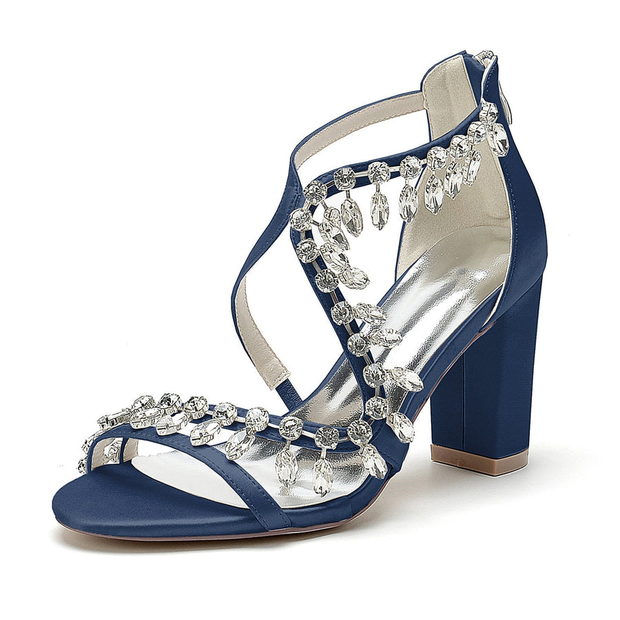 Damen Seidensatin mit Knöchelriemen Strass Quaste Peep Toe Blockabsatz Partyschuhe