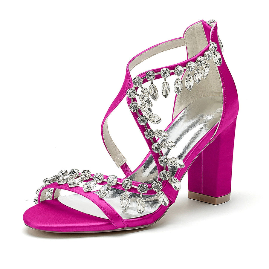 Damen Seidensatin mit Knöchelriemen Strass Quaste Peep Toe Blockabsatz Partyschuhe