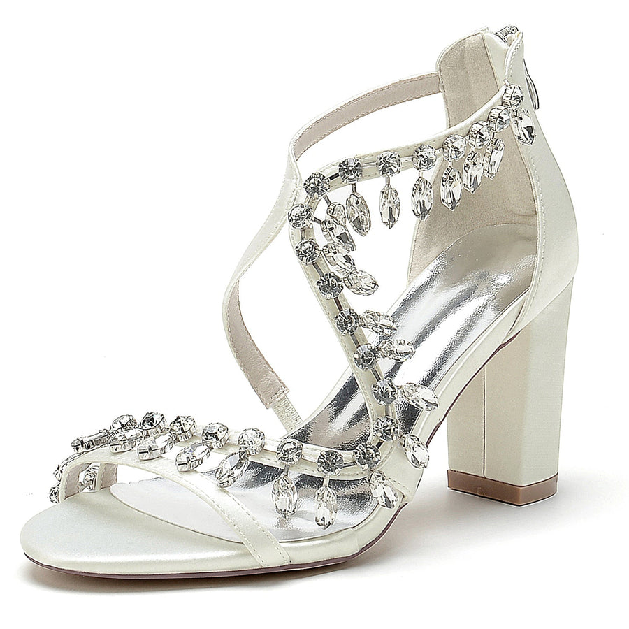 Damen Seidensatin mit Knöchelriemen Strass Quaste Peep Toe Blockabsatz Partyschuhe