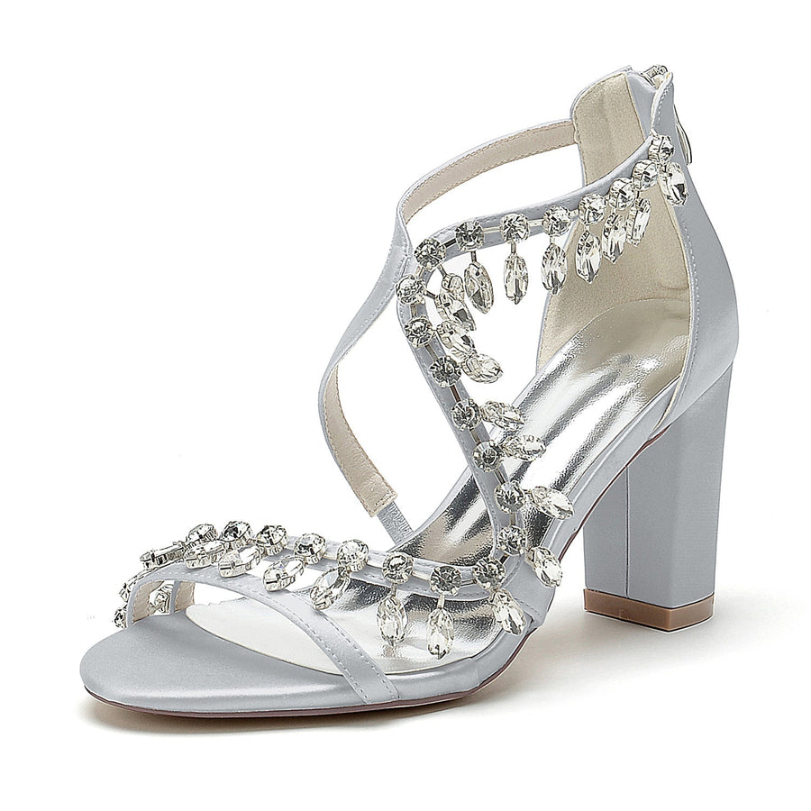 Damen Seidensatin mit Knöchelriemen Strass Quaste Peep Toe Blockabsatz Partyschuhe