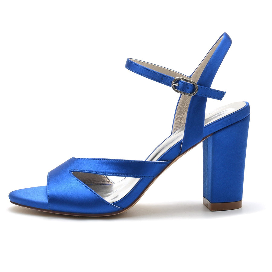 Damen Seidensatin mit Peep Toe Knöchelriemen Blockabsatz Hochzeitsschuhe