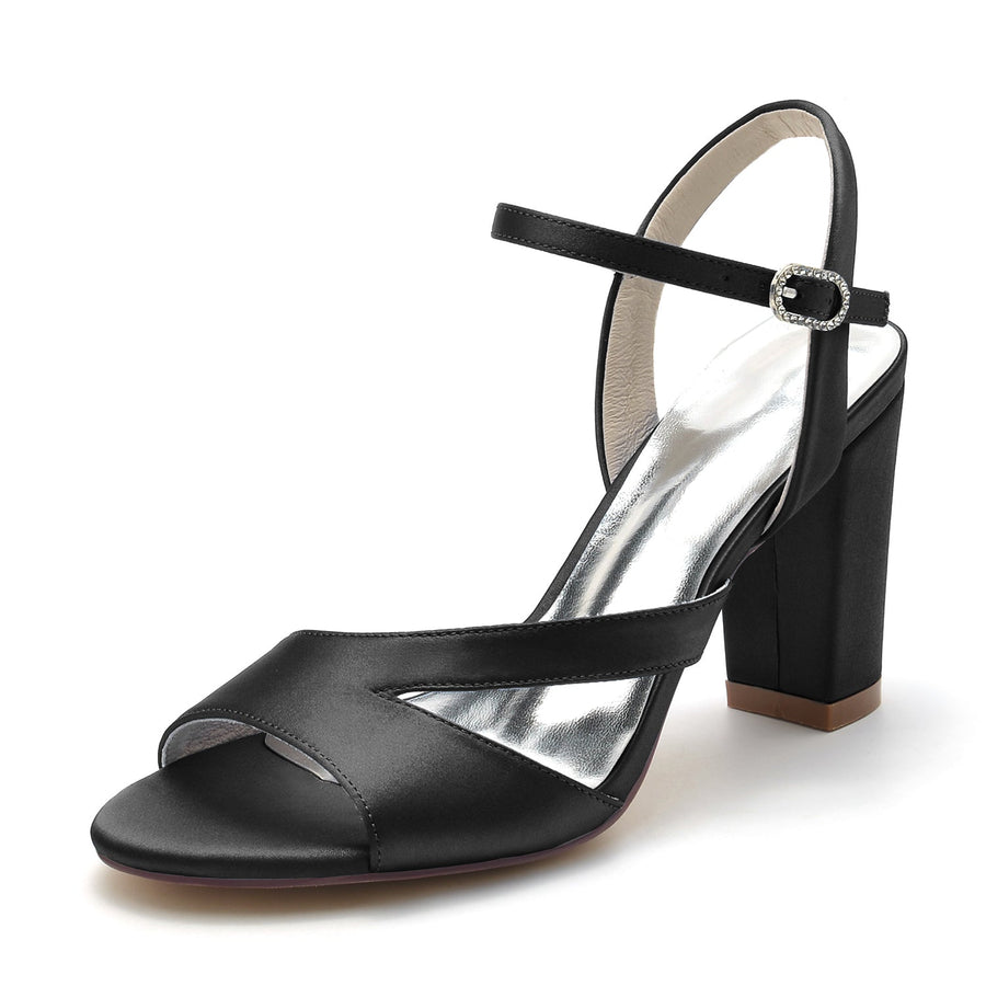 Damen Seidensatin mit Peep Toe Knöchelriemen Blockabsatz Hochzeitsschuhe