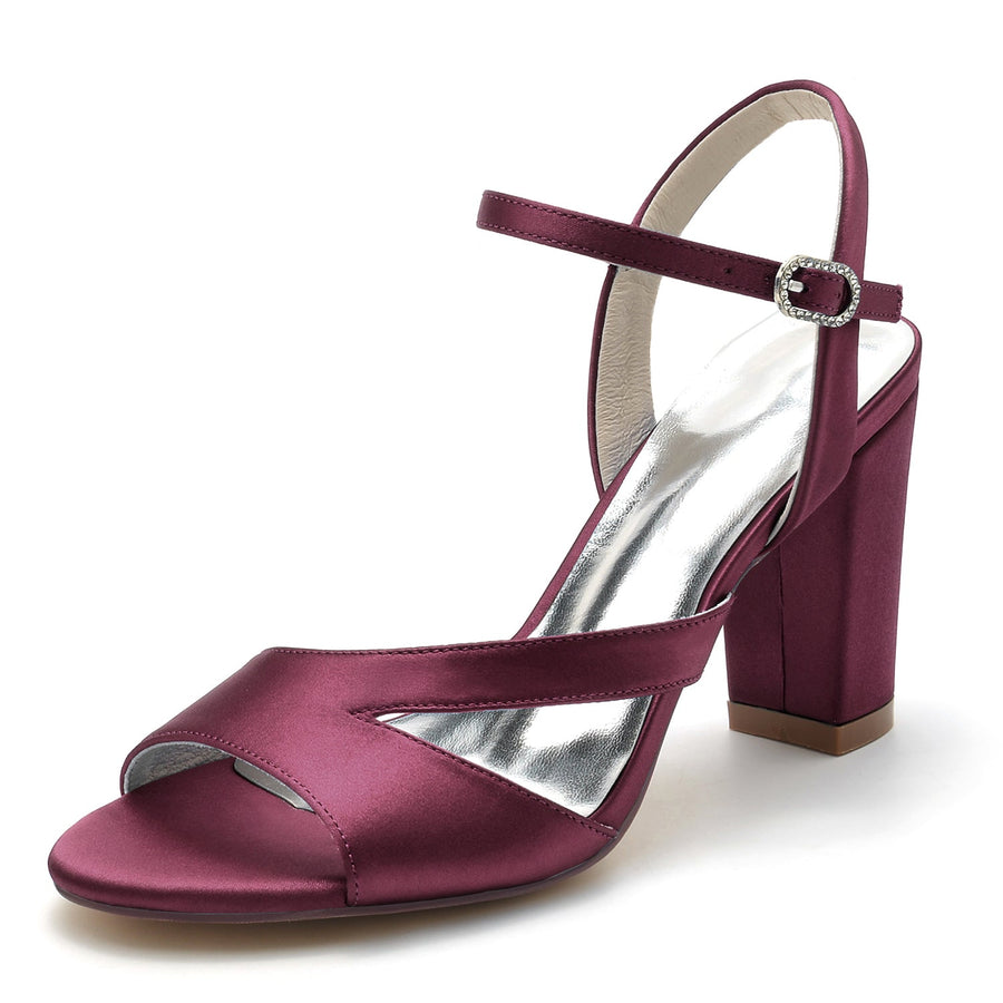 Damen Seidensatin mit Peep Toe Knöchelriemen Blockabsatz Hochzeitsschuhe