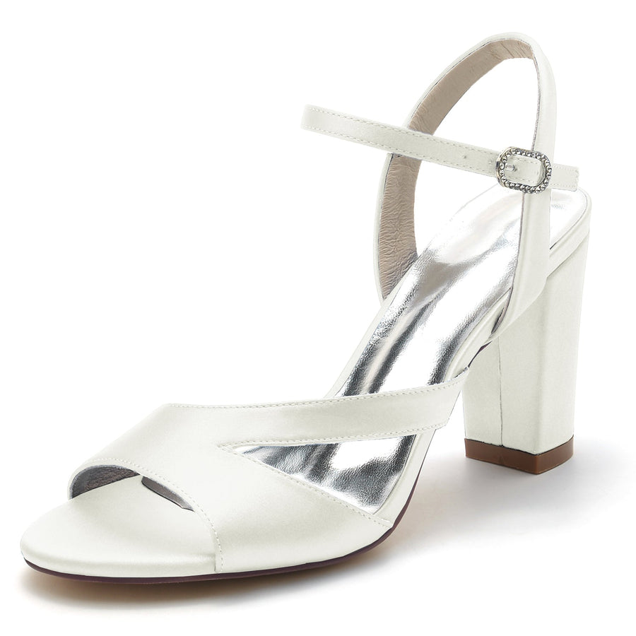 Damen Seidensatin mit Peep Toe Knöchelriemen Blockabsatz Hochzeitsschuhe