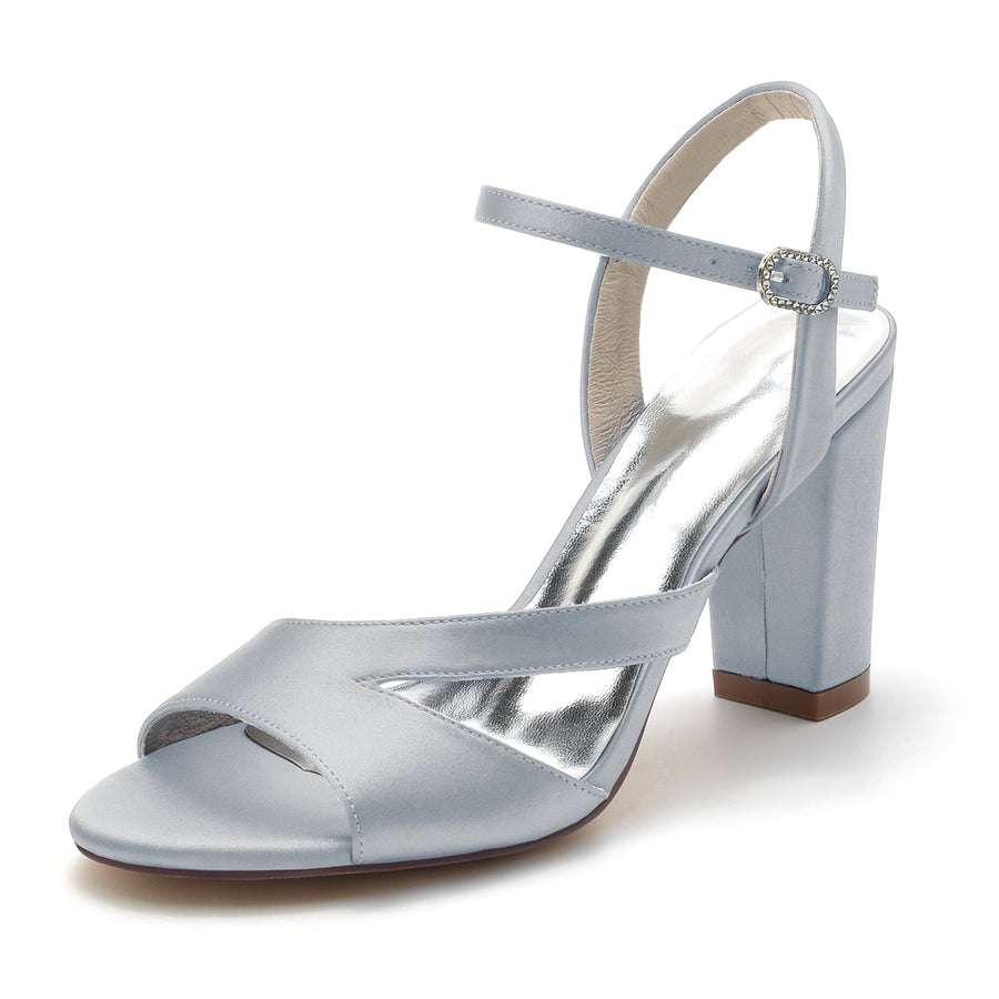 Damen Seidensatin mit Peep Toe Knöchelriemen Blockabsatz Hochzeitsschuhe