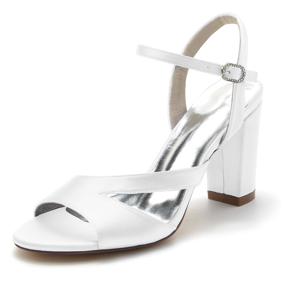 Damen Seidensatin mit Peep Toe Knöchelriemen Blockabsatz Hochzeitsschuhe