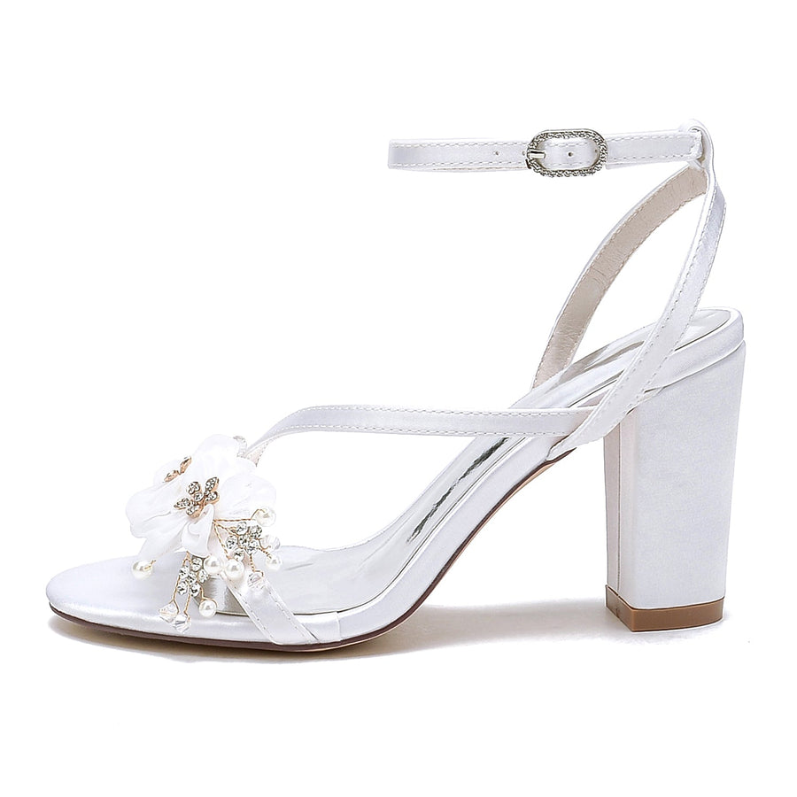 Damen Seidensatin mit Knöchelriemen Blume Peep Toe Blockabsatz Abendschuhe