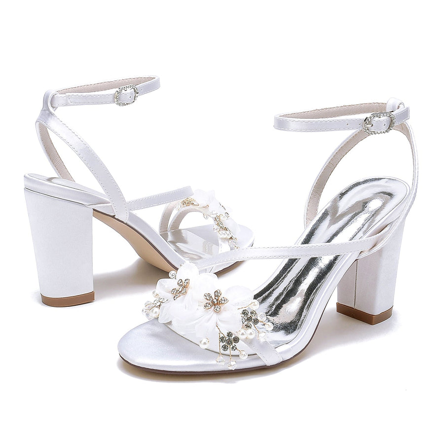 Damen Seidensatin mit Knöchelriemen Blume Peep Toe Blockabsatz Abendschuhe