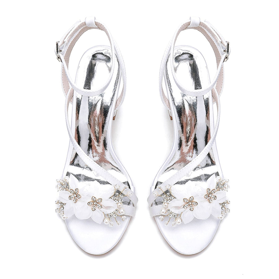 Damen Seidensatin mit Knöchelriemen Blume Peep Toe Blockabsatz Abendschuhe