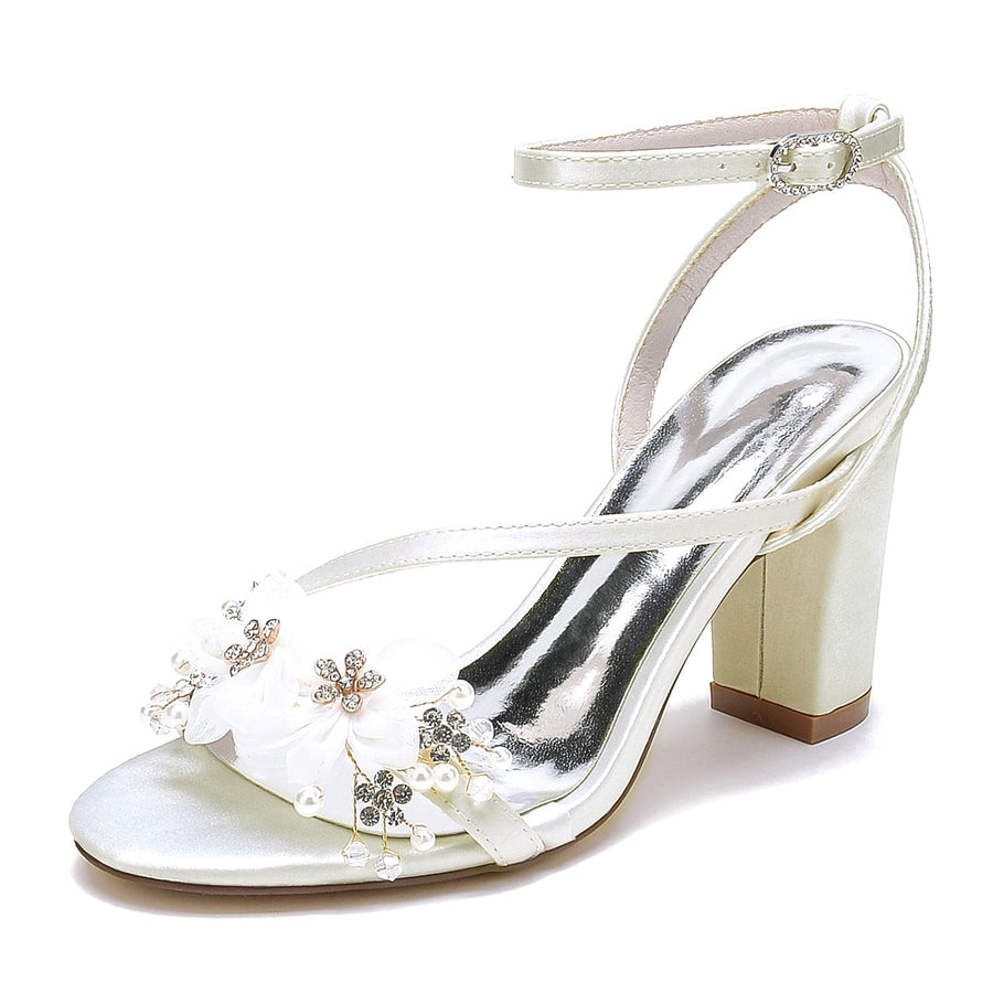 Damen Seidensatin mit Knöchelriemen Blume Peep Toe Blockabsatz Abendschuhe