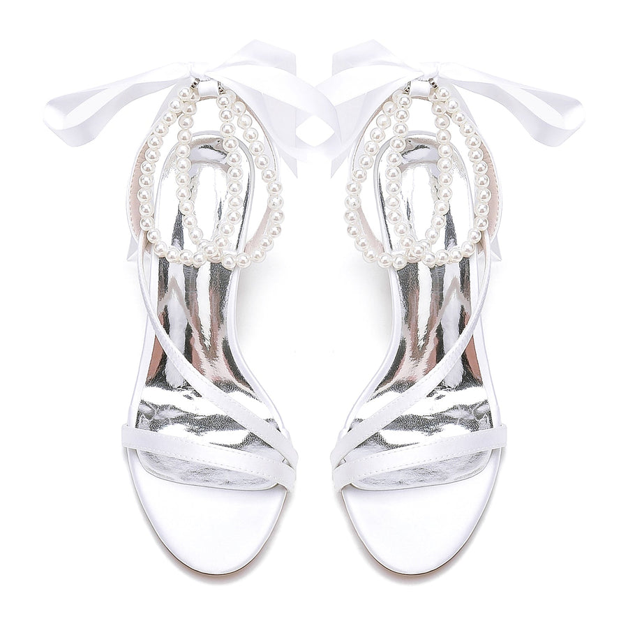 Damen Seidensatin mit Knöchelriemen Schnürung Perlen Peep Toe Blockabsatz Hochzeitsschuhe