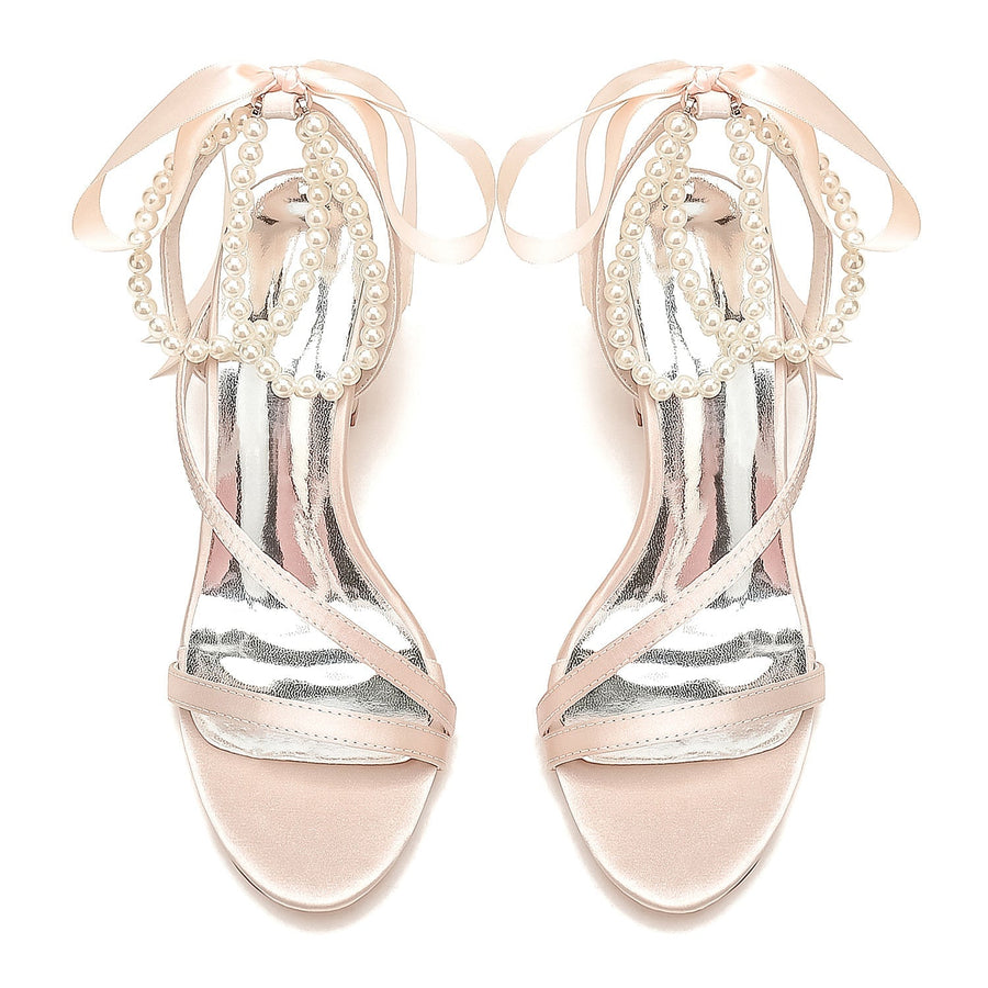 Damen Seidensatin mit Knöchelriemen Schnürung Perlen Peep Toe Blockabsatz Hochzeitsschuhe