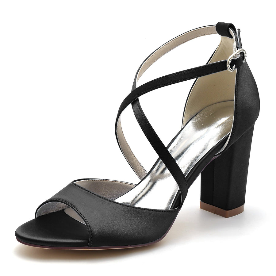 Damen Seidensatin Blockabsatz Mit Peep Toe Knöchelriemen Hochzeitsschuhe