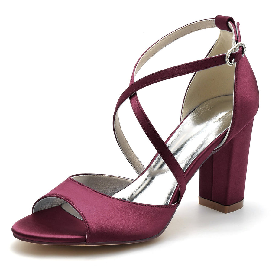 Damen Seidensatin Blockabsatz Mit Peep Toe Knöchelriemen Hochzeitsschuhe