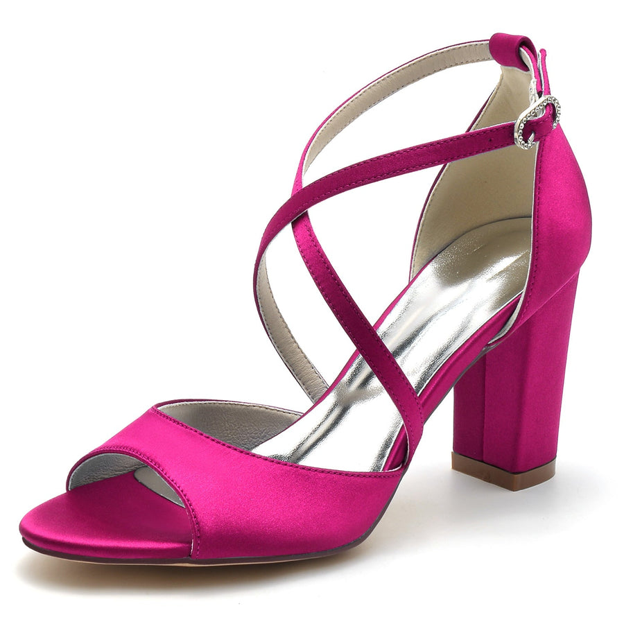 Damen Seidensatin Blockabsatz Mit Peep Toe Knöchelriemen Hochzeitsschuhe