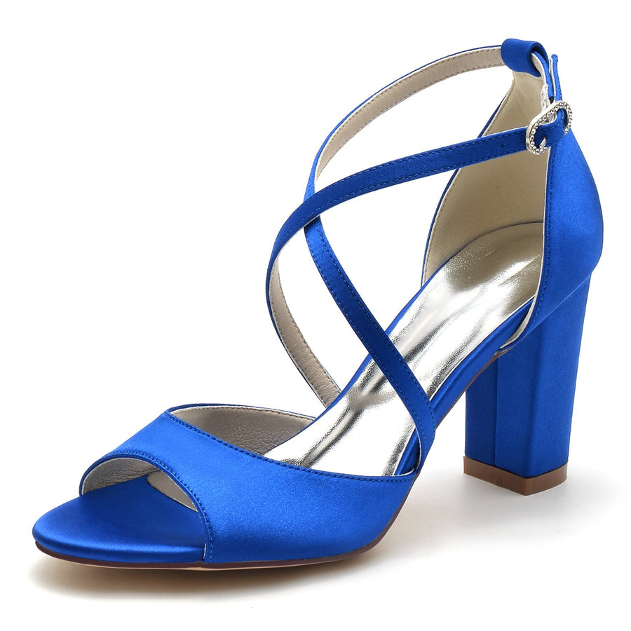 Damen Seidensatin Blockabsatz Mit Peep Toe Knöchelriemen Hochzeitsschuhe