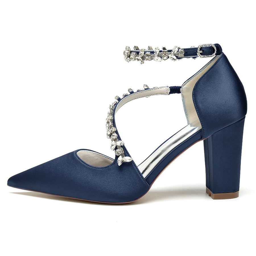 Damen Abendschuhe aus Seidensatin mit Knöchelriemen und Strasssteinen, geschlossene Zehenpartie, klobiger Absatz