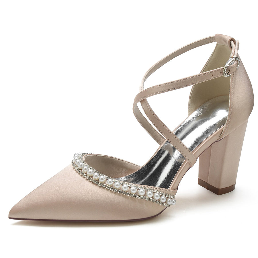 Damen Seidensatin mit Knöchelriemen Perle Strass Geschlossene Zehenpartie Blockabsatz Hochzeitsschuhe