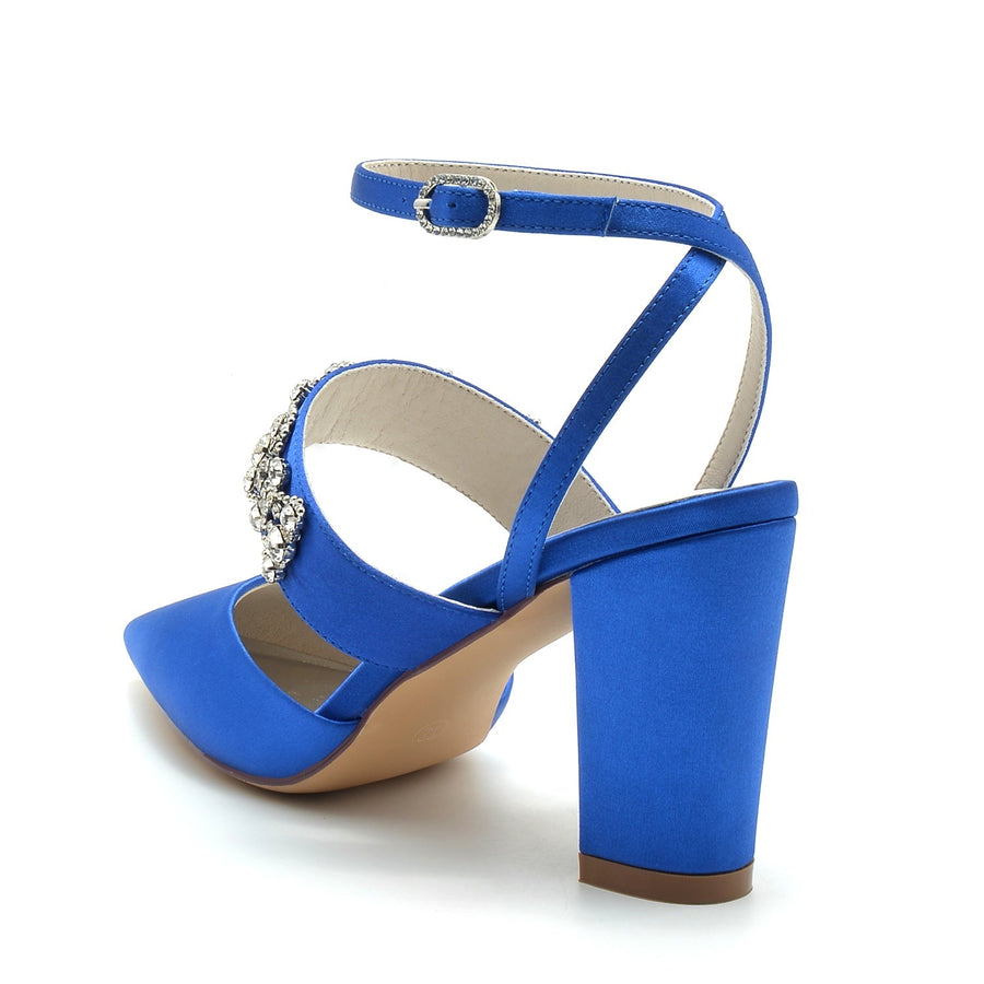 Damen Abendschuhe aus Seide mit Knöchelriemen und Satin und Strasssteinen, geschlossene Zehenpartie, klobiger Absatz