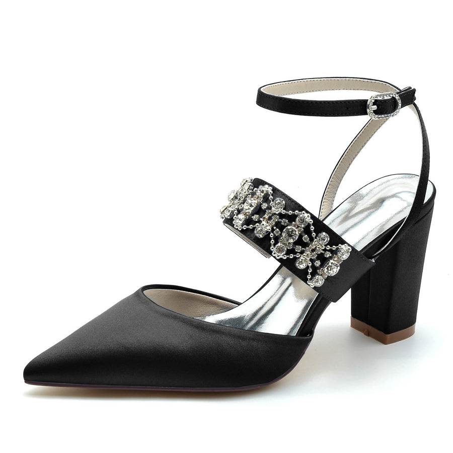 Damen Abendschuhe aus Seide mit Knöchelriemen und Satin und Strasssteinen, geschlossene Zehenpartie, klobiger Absatz