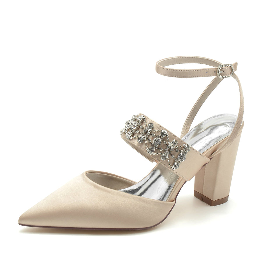 Damen Abendschuhe aus Seide mit Knöchelriemen und Satin und Strasssteinen, geschlossene Zehenpartie, klobiger Absatz