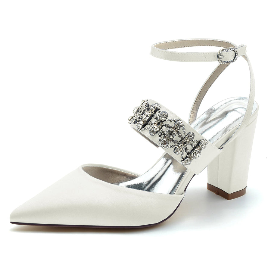 Damen Abendschuhe aus Seide mit Knöchelriemen und Satin und Strasssteinen, geschlossene Zehenpartie, klobiger Absatz