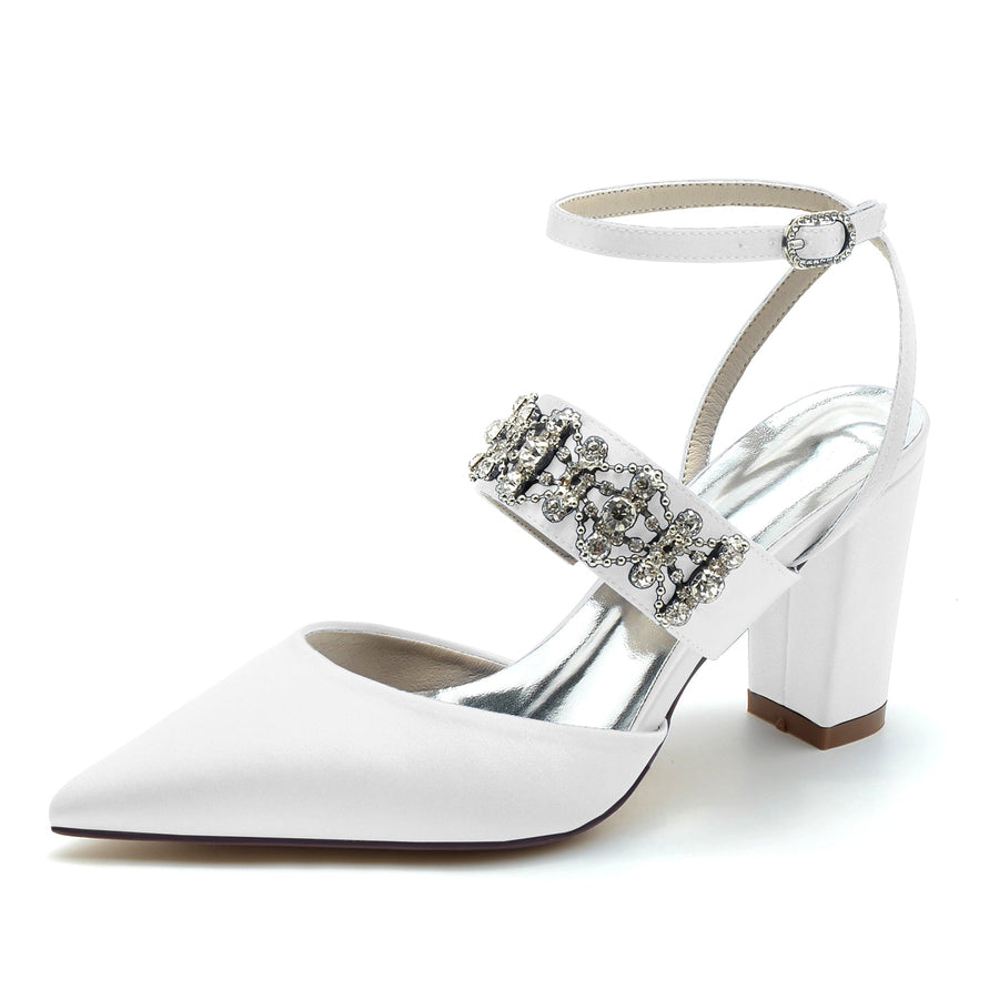 Damen Abendschuhe aus Seide mit Knöchelriemen und Satin und Strasssteinen, geschlossene Zehenpartie, klobiger Absatz