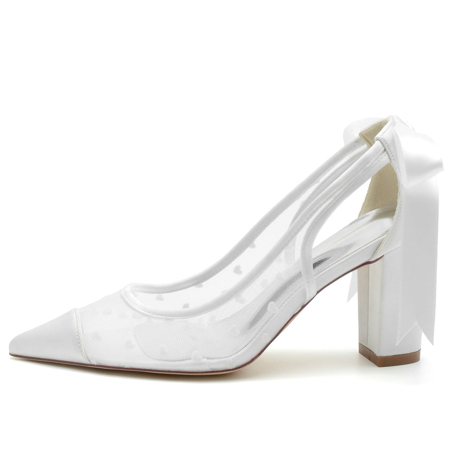 Damen-Partyschuhe aus Seidensatinnetz mit Spitze, Schnürung, geschlossene Zehenpartie, klobiger Absatz