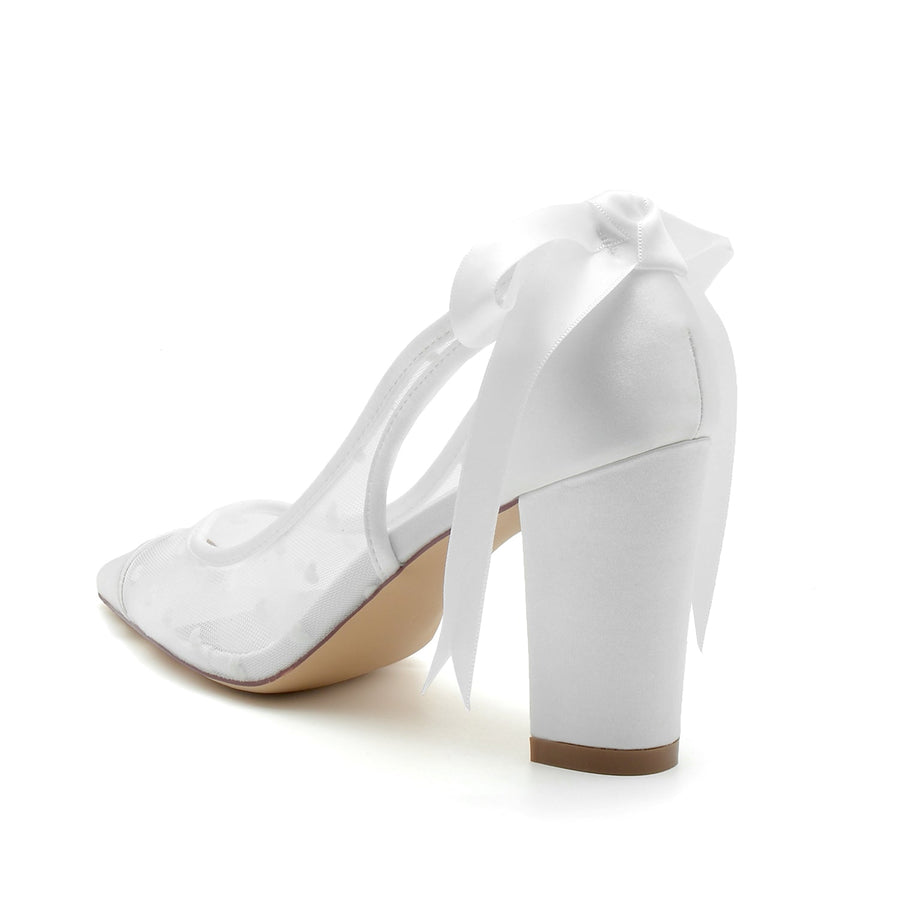 Damen-Partyschuhe aus Seidensatinnetz mit Spitze, Schnürung, geschlossene Zehenpartie, klobiger Absatz