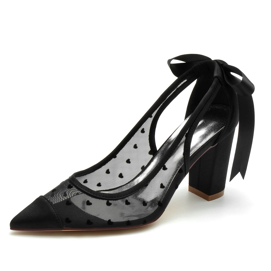Damen-Partyschuhe aus Seidensatinnetz mit Spitze, Schnürung, geschlossene Zehenpartie, klobiger Absatz