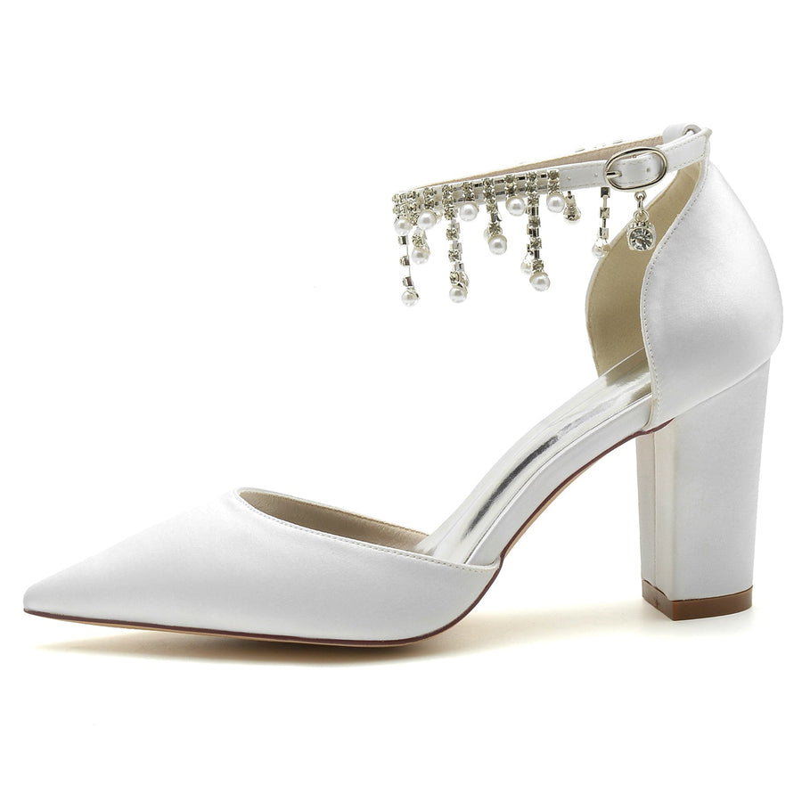 Damen Seidensatin mit Knöchelriemen Perle Strass Quaste Geschlossene Zehenpartie Blockabsatz Hochzeitsschuhe