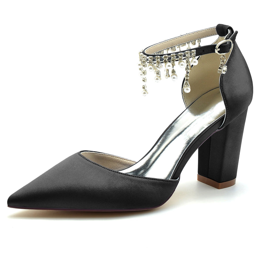 Damen Seidensatin mit Knöchelriemen Perle Strass Quaste Geschlossene Zehenpartie Blockabsatz Hochzeitsschuhe