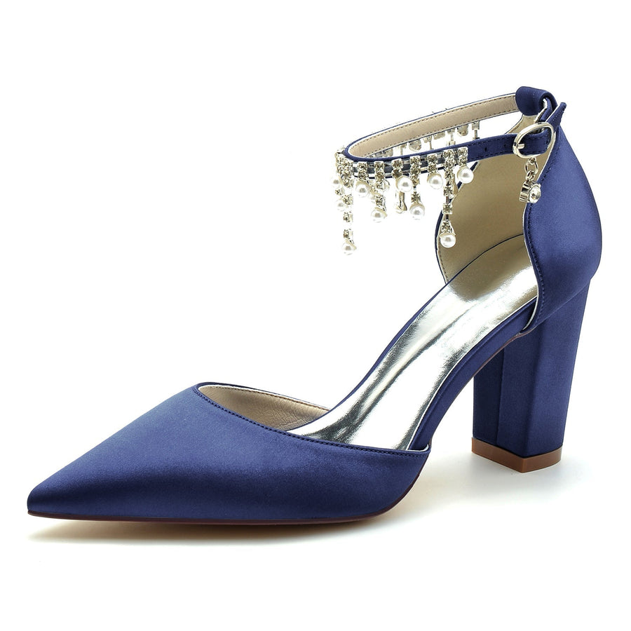 Damen Seidensatin mit Knöchelriemen Perle Strass Quaste Geschlossene Zehenpartie Blockabsatz Hochzeitsschuhe