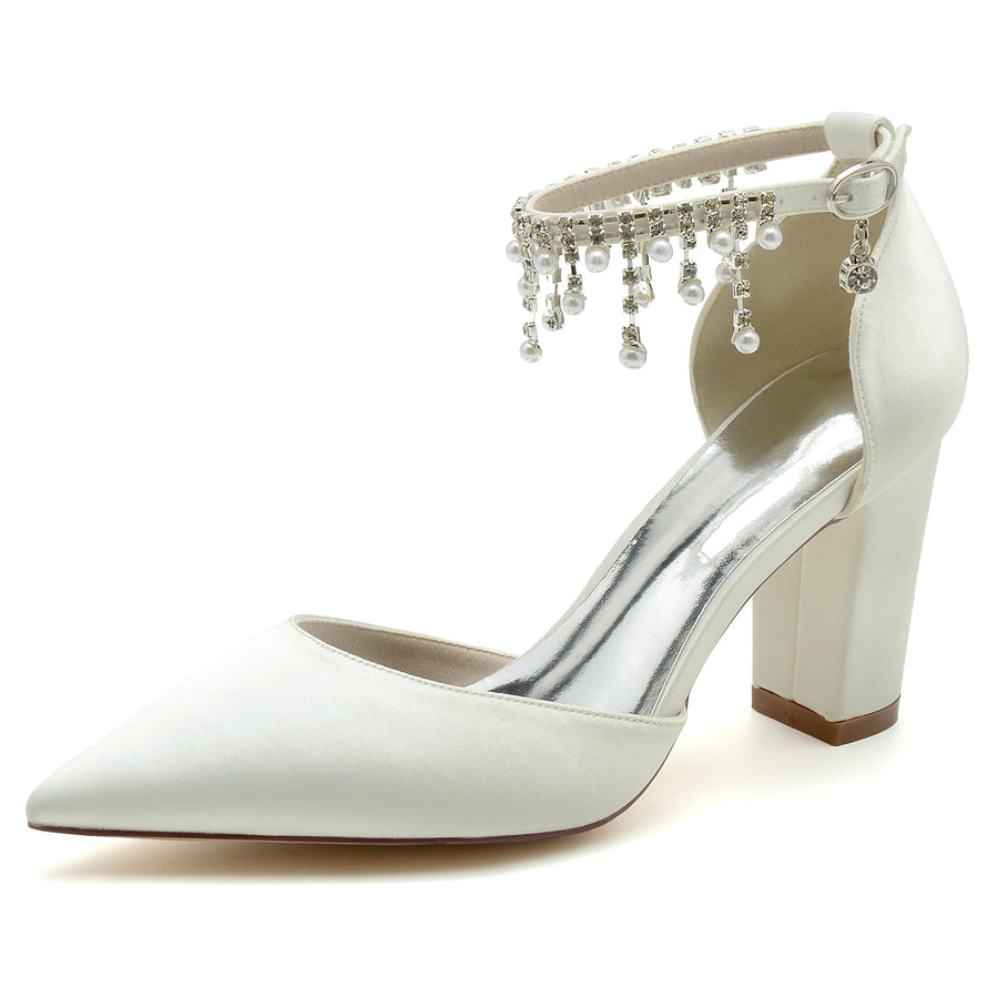 Damen Seidensatin mit Knöchelriemen Perle Strass Quaste Geschlossene Zehenpartie Blockabsatz Hochzeitsschuhe