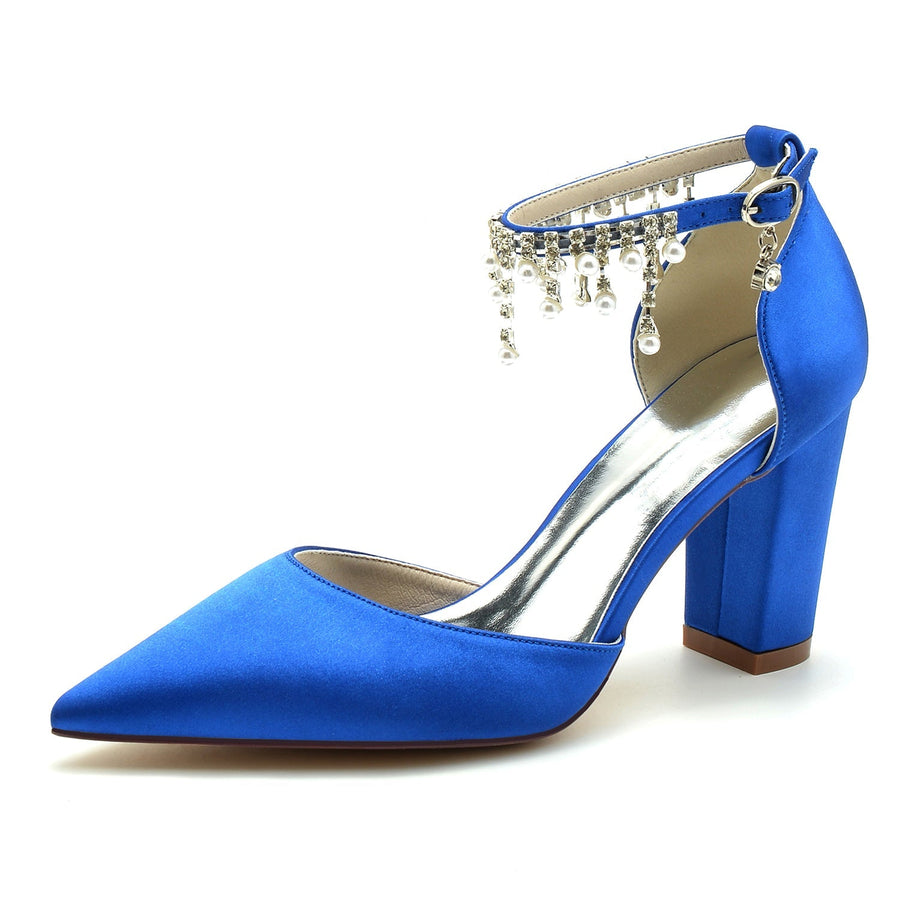 Damen Seidensatin mit Knöchelriemen Perle Strass Quaste Geschlossene Zehenpartie Blockabsatz Hochzeitsschuhe
