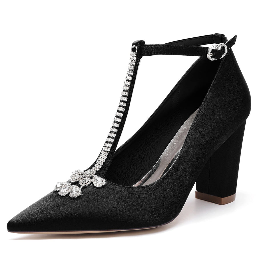 Damen Seidensatin mit Knöchelriemen Strass Geschlossene Zehenpartie Blockabsatz Abendschuhe