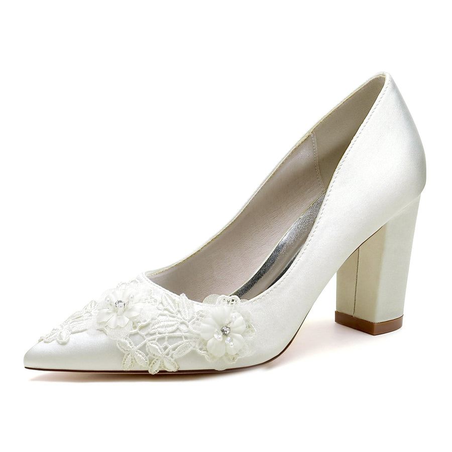 Damen Seidensatin mit Blume Geschlossene Zehe Blockabsatz Hochzeitsschuhe