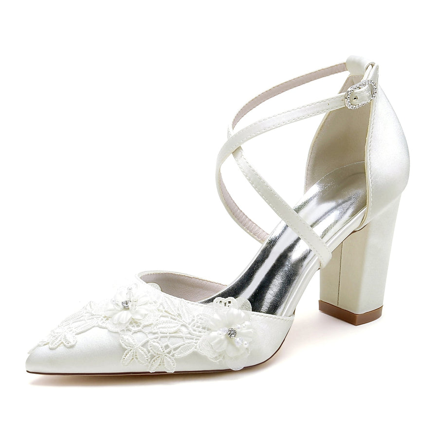 Damen Seidensatin mit Knöchelriemen Blume Geschlossene Zehenpartie Blockabsatz Abendschuhe