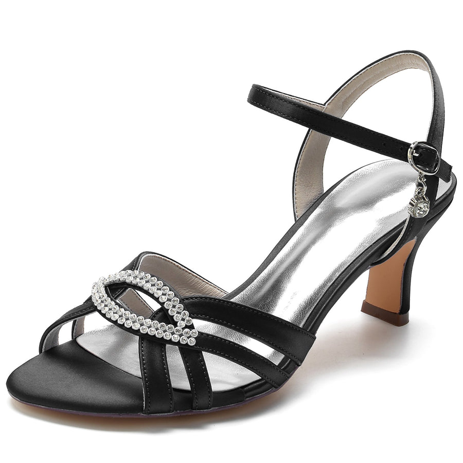 Damen Seidensatin mit Strass Knöchelriemen Peep Toe Spool Heel Abendschuhe