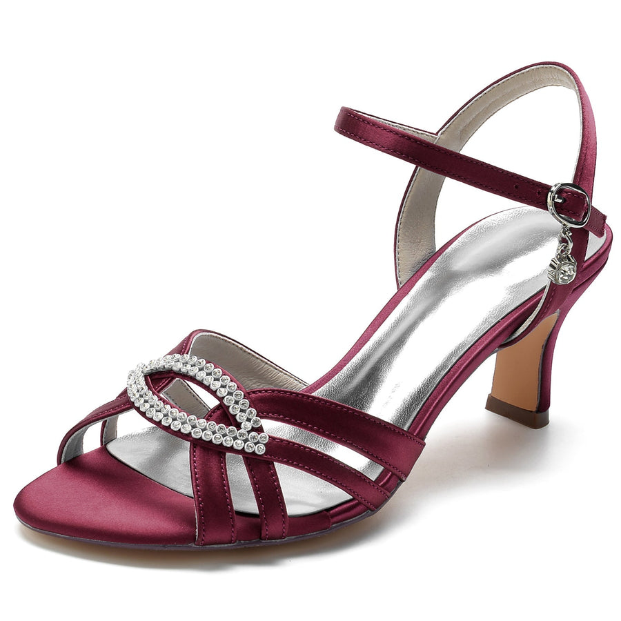 Damen Seidensatin mit Strass Knöchelriemen Peep Toe Spool Heel Abendschuhe