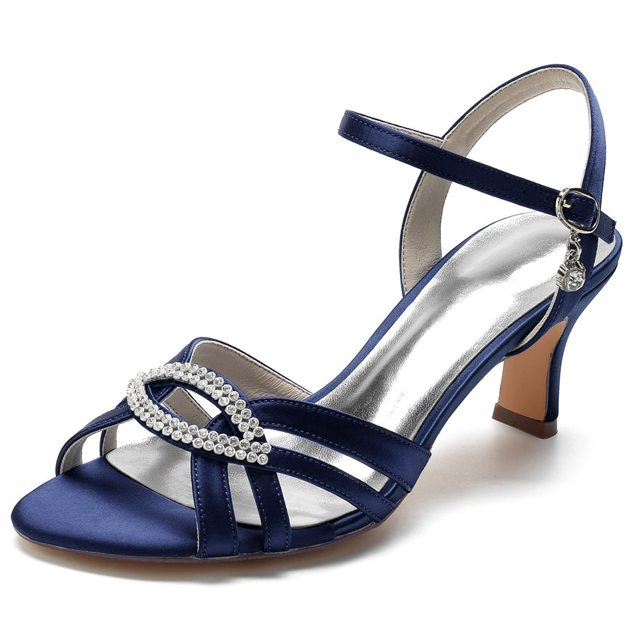 Damen Seidensatin mit Strass Knöchelriemen Peep Toe Spool Heel Abendschuhe