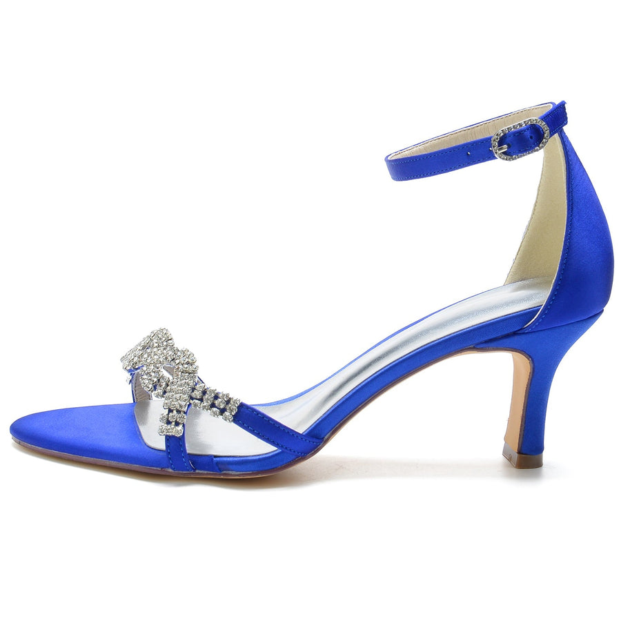 Damen Seidensatin Knöchelriemen mit Strass Peep Toe Spool Heel Party Schuhe