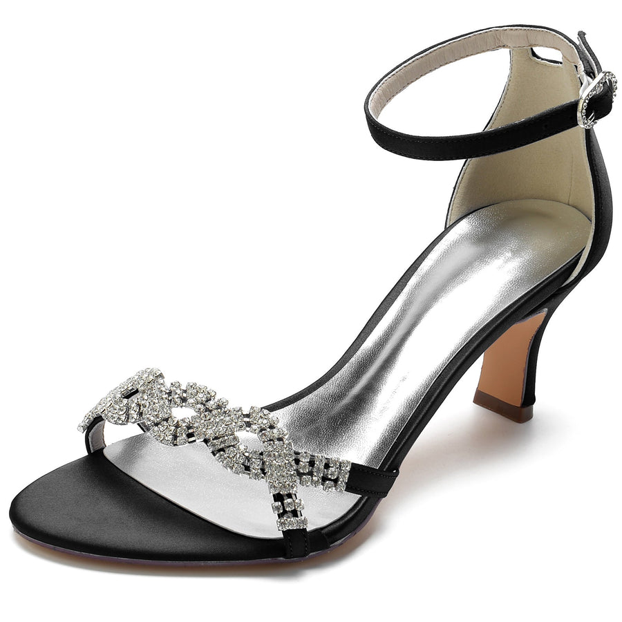 Damen Seidensatin Knöchelriemen mit Strass Peep Toe Spool Heel Party Schuhe